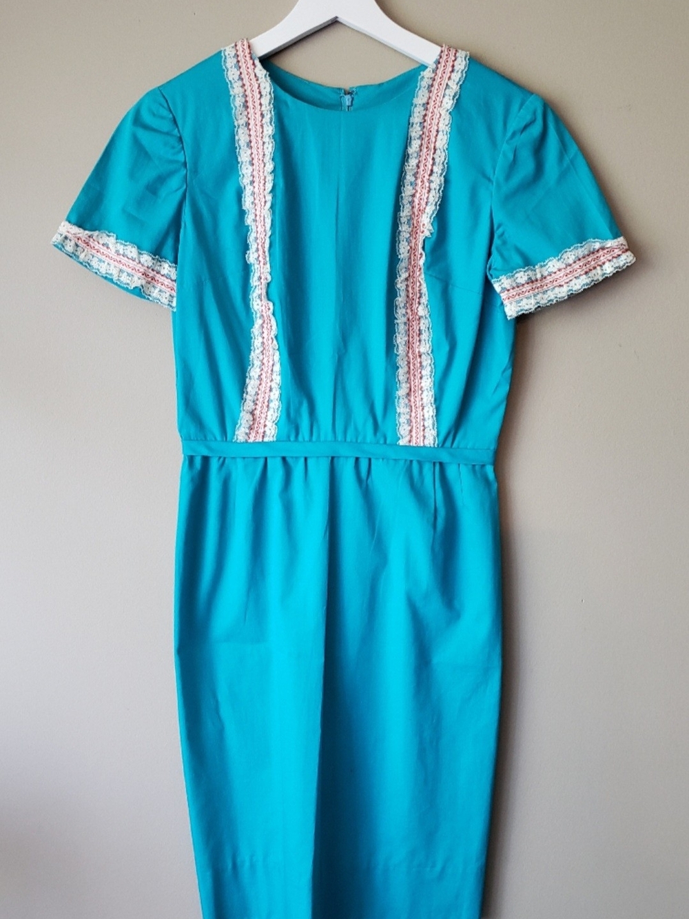 Turquoise Midi Dress with Pink & White Lace Trim